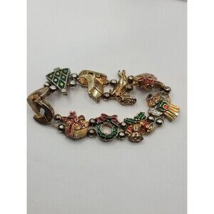 Vintage Gold Tone Enameled Christmas Slide Bracelet